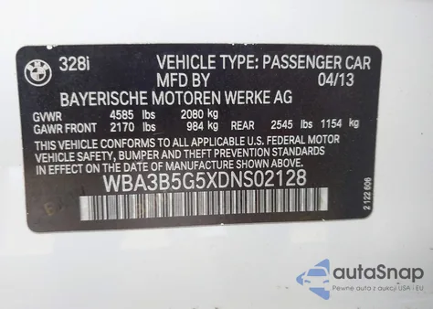 2013 BMW 328I xDrive из США, поврежденный, VIN WBA3B5G5XDNS02128